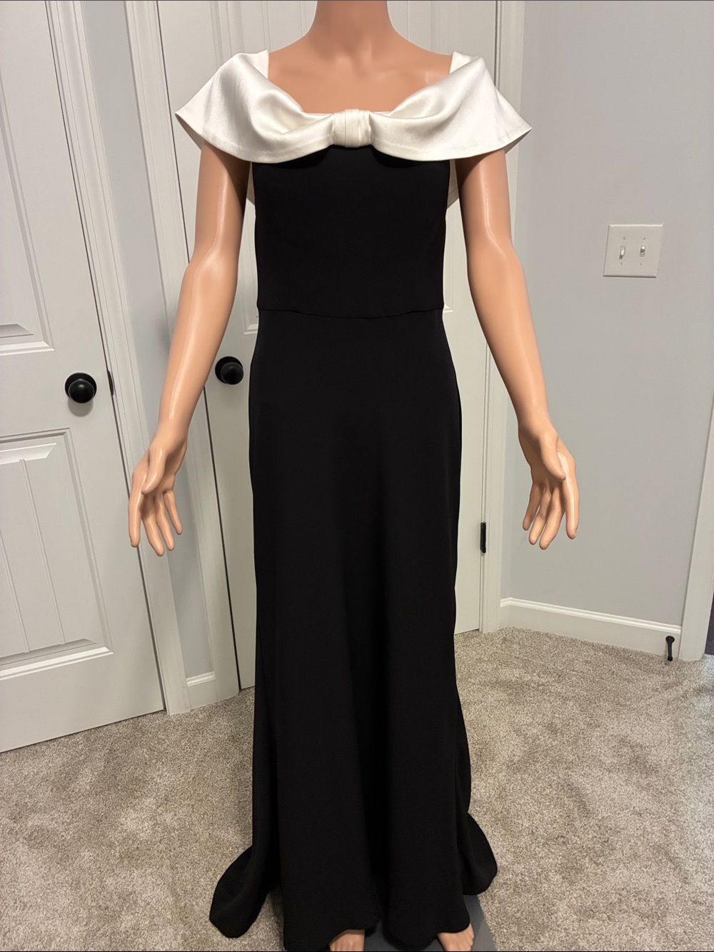 Elegant Black Evening Gown with whiteBow Collar by Alex Marie.